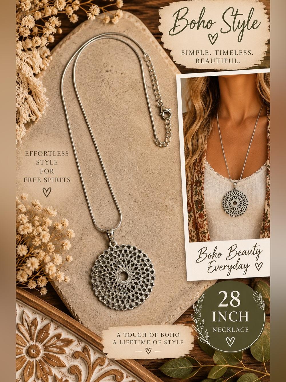 745 Boho Silver Filigree Pendant Necklace - 28 Inch
